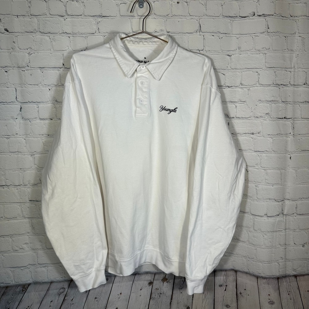 YoungLA 517 White Long Sleeve Polo Sweatshirt Mens Large Script Logo YLA2191